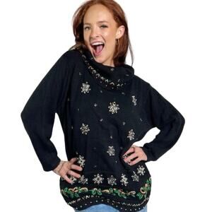 Vintage BP Design Women's Size L Black Beaded Snowflake Cowl Neck Sweater Tunic